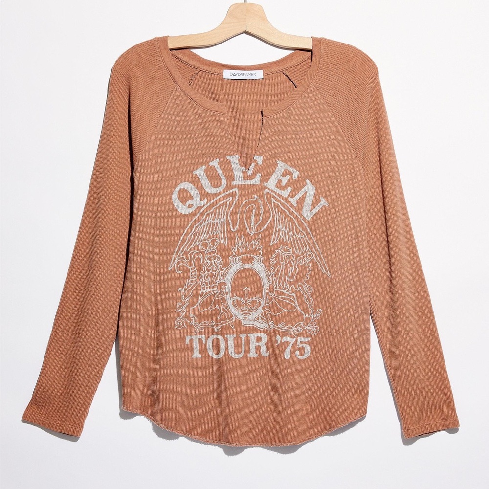 Daydreamer Queen Thermal Long Sleeve Band Shirt in Light Brown Camel Color